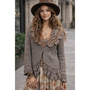 Emma G Boho Crochet Lace Fur Trim Cardigan Sweater Women L Brown Button Front